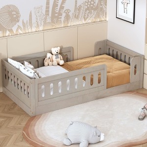 Twin Size Wood Platform Bed with Guardrail for Bedroom - 1 of 4