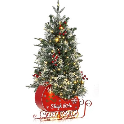 3FT Pre-Lit Artificial Christmas Tree with LED Lights, Realistic Spruce Tips, Mini Sled Base, Small Tabletop Xmas Tree for Home, Office