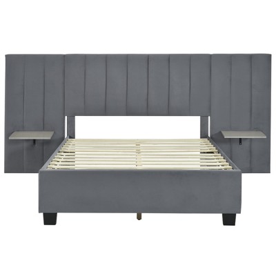 HomeRoots Dark Gray Tufted Velvet Upholstered Lighted Full Bed Frame