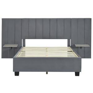 HomeRoots Dark Gray Tufted Velvet Upholstered Lighted Full Bed Frame - 1 of 4