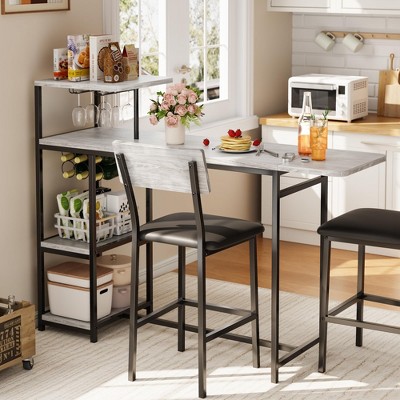3-Piece Expandable Bar Table Set with 2 Chairs, Storage Shelves & Wine Rack for Kitchen, Apartment Dining