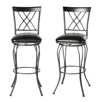 HomeRoots Set of Two 24" Black Faux Leather and Iron Counter Height Swivel Bar Chairs