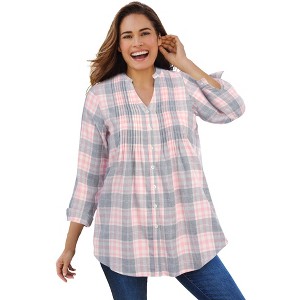 Woman Within Pintucked Flannel Shirt - 1 of 4