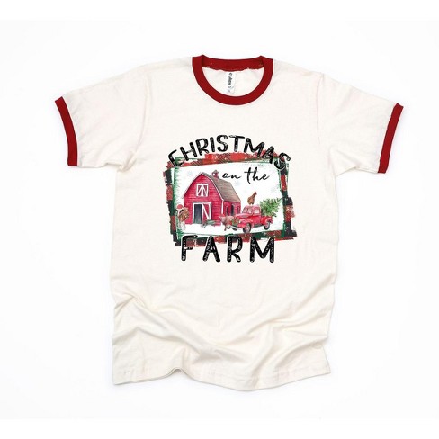 Simply Sage Market Women's Christmas On The Farm Barn Short Sleeve Ringer Tee - image 1 of 3