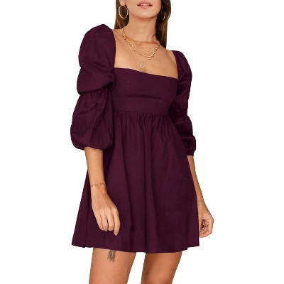 EXLURA Womens Square Neck Dress Long Puff Sleeve A-Line Casual Short Mini Dresses
