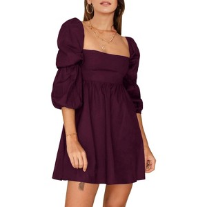 EXLURA Womens Square Neck Dress Long Puff Sleeve A-Line Casual Short Mini Dresses - 1 of 4