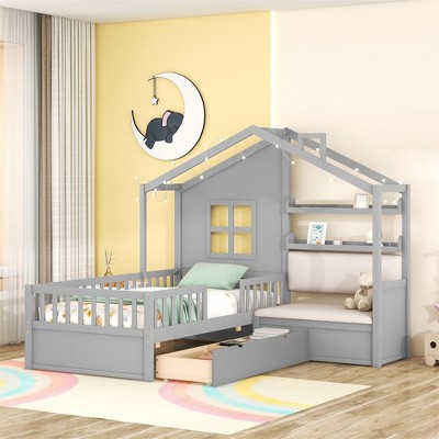 Twin Size House Bed With Sofa, Kids House Floor Bed Frame With 2 Drawers And Storage Shelf, Wooden Twin Platform Bed Frame