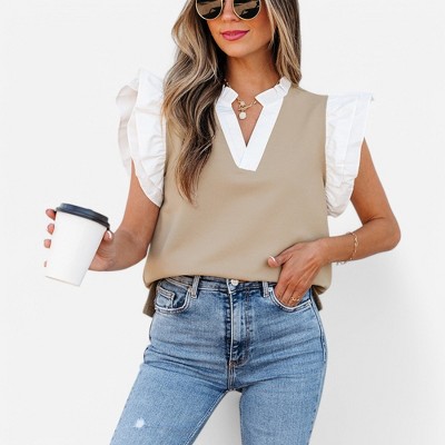 Amaryllis Women's Ruffle Sleeve Blouse V-Neck Contrast Trim Elegant Statement Top Versatile