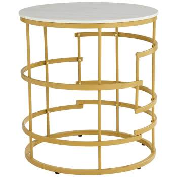 Studio 55D Brassica Modern Metal Round Geometric Tea Table 23 3/4" Wide Gold Cream Gray Faux Marble Tabletop for Living Room Bedroom House