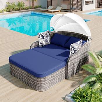 Outdoor Sunbed with Adjustable Canopy, PE Rattan Daybed with Double lounge- ModernLuxe