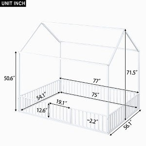 Gulches Full Size Metal House Bed with Fence & Door - House-Shaped, Distressed Washed Design, White - 1 of 4