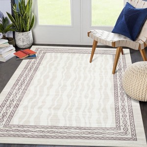 Modern Wave Print Area Rug Geometric Bordered Floor Carpet for Bedroom Low Pile Soft Rugs for High Traffic Areas - 1 of 4