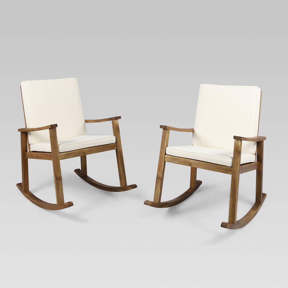 2pk Candel Acacia Wood Rocking Patio Chair Teak Cream Christopher Knight Home