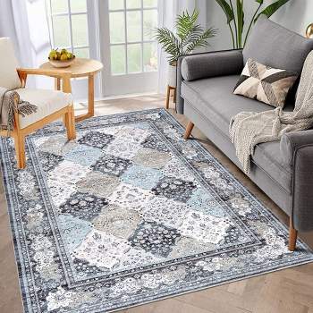 Area Rug Washable Rug Vintage Bohemian Rug Low-Pile Indoor Moroccan Carpet, Ultra Soft Area Rugs for Bedroom Living Room Dining Room, 5' x 7' Blue