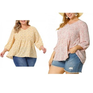 Women's Plus Size 2 Pieces V Neck Babydoll 3/4 Sleeve Pleat Floral Flowy Blouses - Agnes Orinda - 1 of 4