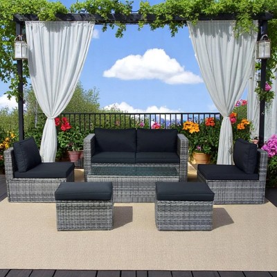 Mshliw 6-Piece Patio Wicker Sectional Conversation Set with Space-Saving Design, Grey Wicker & Black Cushions for Outdoor, Backyard, or Patio