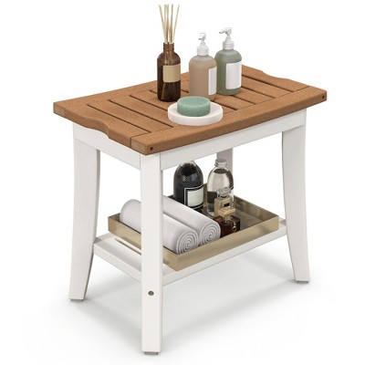 Image of Costway 20'' x 13'' Heavy Duty Waterproof HDPE Shower Bench 2-Tier Bath Spa Stool Off White & Brown