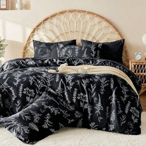 Full Size Reversible Floral Duvet Cover Set with Zipper, 3 Pieces Botanical Microfiber Bedding with 4 Ties 80x90 - 1 of 4