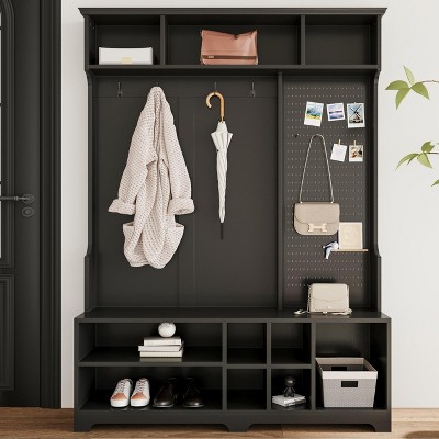 Vynxaria Hallway Tree with Shoe Bench, Coat Rack, Shoe Storage, Shelves & Pegboard for Hallways, Halls, and Bedrooms in Black