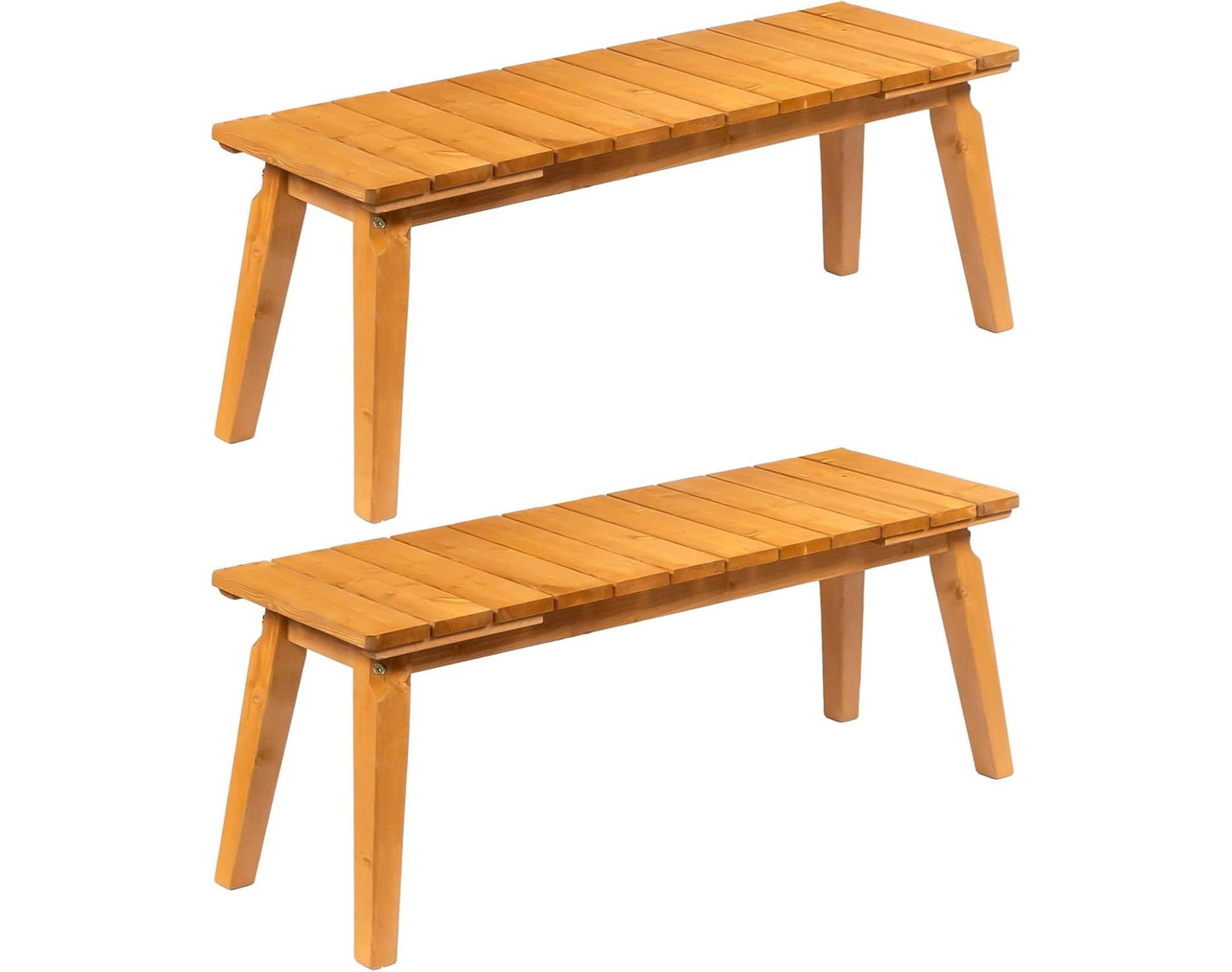 VINGLI Outdoor Wooden Bench, 45” 2-Person Backless Dining Bench Set of 2, Weatherproof Outdoor Patio Bench for Porch Entryway Garden (2, Teak)