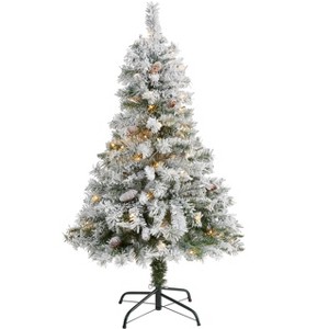 Nearly Natural 4-ft Flocked White River Mountain Pine Artificial Christmas Tree with Pinecones and 100 Clear LED Lights - 1 of 4