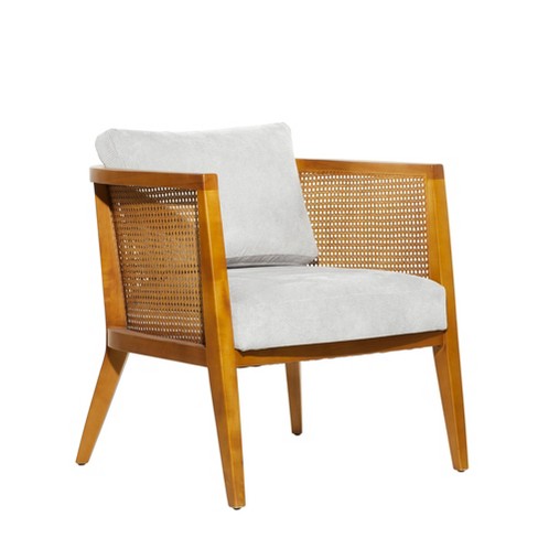 Contemporary Natural Caned Poplar Wood Upholstered Accent Chair