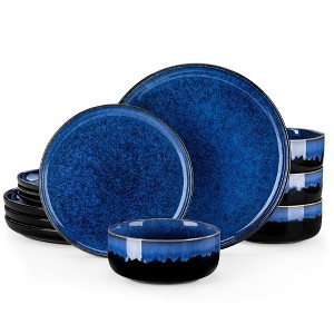 vancasso 12 Piece Blue Reactive Glaze Curved edge Stoneware Round Dinnerware Set With 4 Piece Dinner/Dessert Plate and Bowl - 1 of 4