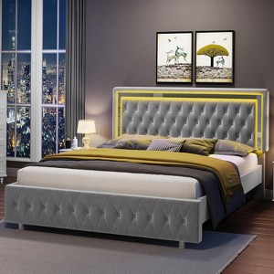 AMERLIFE Bed Frame with LED Headboard, Velvet Upholstered, No Box Spring Needed - 1 of 4