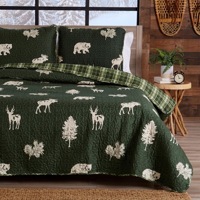 Image of Great Bay Home Rustic Lodge Reversible Quilt Set With Sham (Twin, Forest Green)