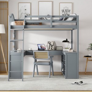 Full Size Wooden Loft Bed with U-Shaped Desk, Drawers, Storage Compartments, and Tri-Fold Mirror - 1 of 4