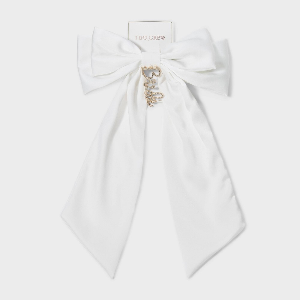 Rhinestone Bride Charm Hair Bow Barrette - White