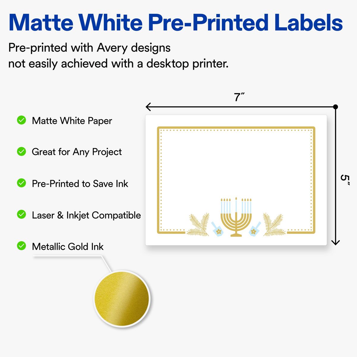 Avery® Labels, 5" x 7", Matte, Gold Menorah Frame, 20 - thumbnail 2