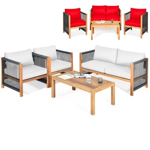 Costway 4 PCS Wood Outdoor Patio Furniture Set with Cushions White Red Cushion Cover Sets White+Red/Turquoise - 1 of 4