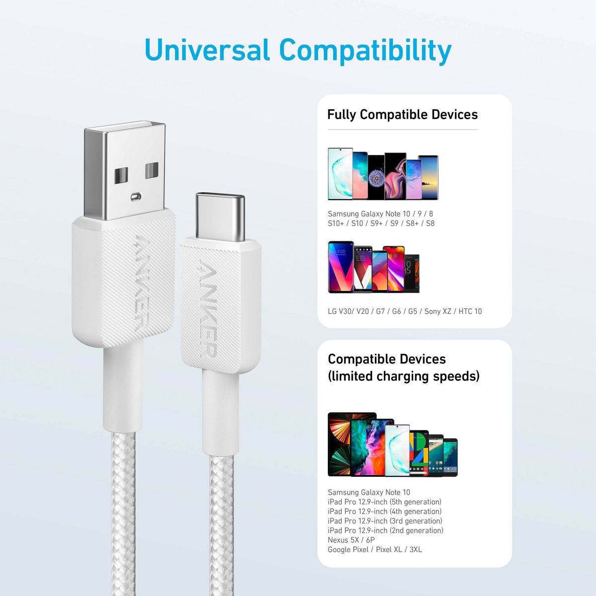 Anker 322 6' USB-A to USB-C Braided Cable - White Iteration: Male-To-Male, 0.09 lb - thumbnail 3