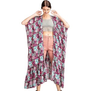 Slickblue Women's Maxi Open Cardigan, Ruffle Bottom, Hot Pink, Paisley Floral Print, 100% Rayon, Size S-L - 1 of 4
