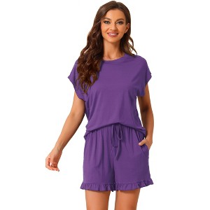 cheibear Women's Summer Soft Short Sleeves Tops with Ruffle Shorts Lounge Pajamas Sets - 1 of 4