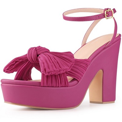 Allegra K Women's Platform Pleated Bow Slingback Block High Heel Sandals