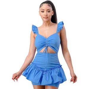 Slickblue Women's Sweetheart Mini Dress with Ruffle Sleeves and Cutout Bow, Black or Denim Blue, Size S-L - 1 of 4