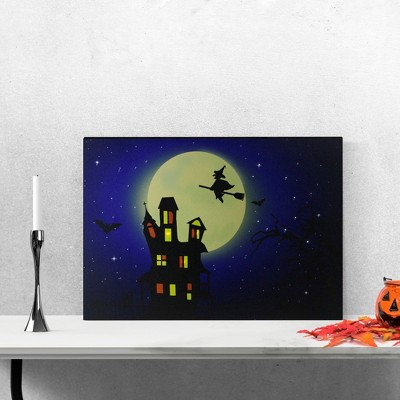 Northlight Fiber Optic and LED Lighted Witch in the Moon Halloween Canvas Wall Art 12" x 15.75"