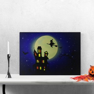 Northlight Fiber Optic and LED Lighted Witch in the Moon Halloween Canvas Wall Art 12" x 15.75" - 1 of 4