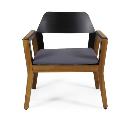 Teak and Black Acacia Wood Outdoor Club Chairs with Dark Gray Cushions, Set of 2