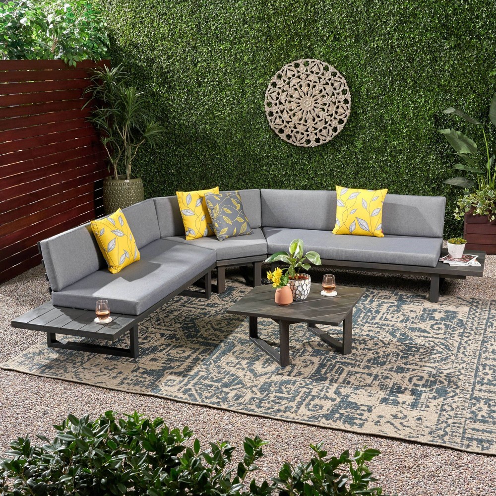 Mirabelle 4pc Acacia Wood Sectional Sofa Set Dark Gray Gray Christopher Knight Home