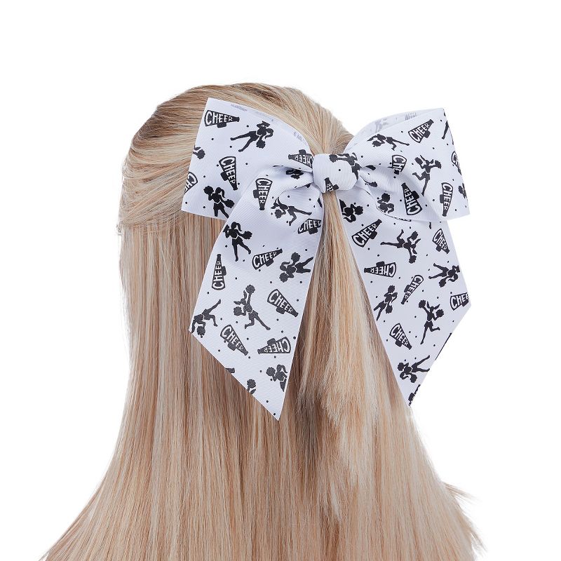 Okuna Outpost 20 Pack 8 Inch Cheer Bows for Cheerleaders, Elastic Ponytail Holders for Women and Girls, Bulk Polyester Hair Ribbons, 2 Designs, White, 3 of 7