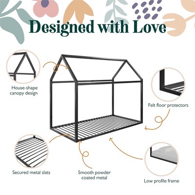 Black Metal Twin Montessori House Bed with Canopy Frame