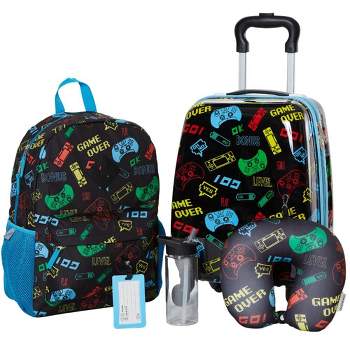 Gaming Rolling Suitcase Set with Backpack, Neck Pillow, Water Bottle, and Luggage