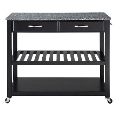 Black Granite Top Kitchen Cart with Wine Rack and Storage