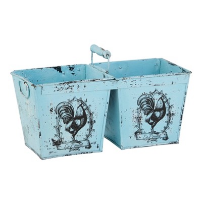 23" French Country Rooster Illustration Metal Planter with Handles Distressed Blue - Olivia & May