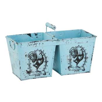 23" Wide Square Planter French Country Rooster Illustration Metal with Handles Distressed Blue - Olivia & May