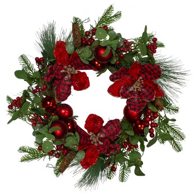 Northlight Magnolia and Red Berries Artificial Christmas Wreath - 22-Inch, Unlit