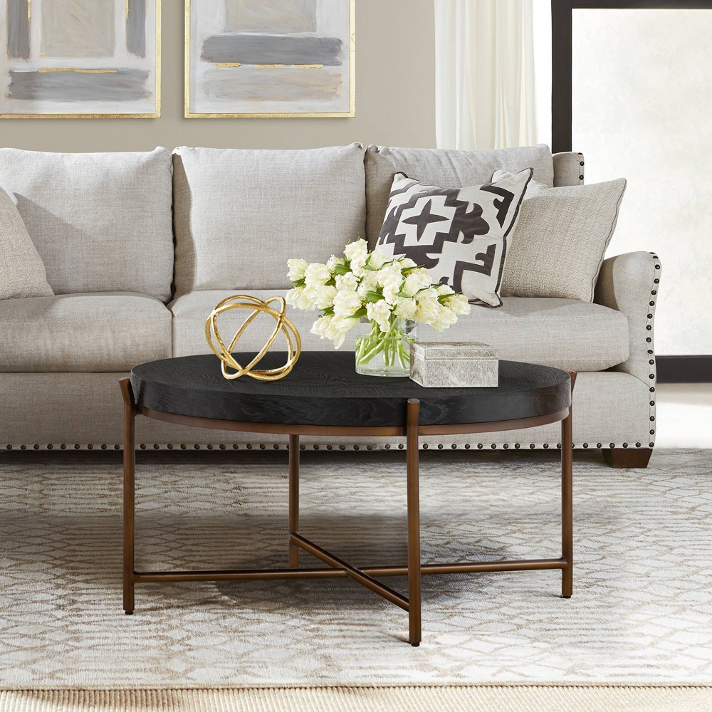 Round Sylvie Oak/Metal Coffee Table Black - Armen Living